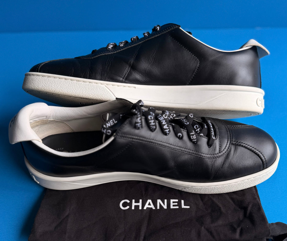Chanel Black Leather Logo Lace Low-Top Sneakers Size 38 (US 8)