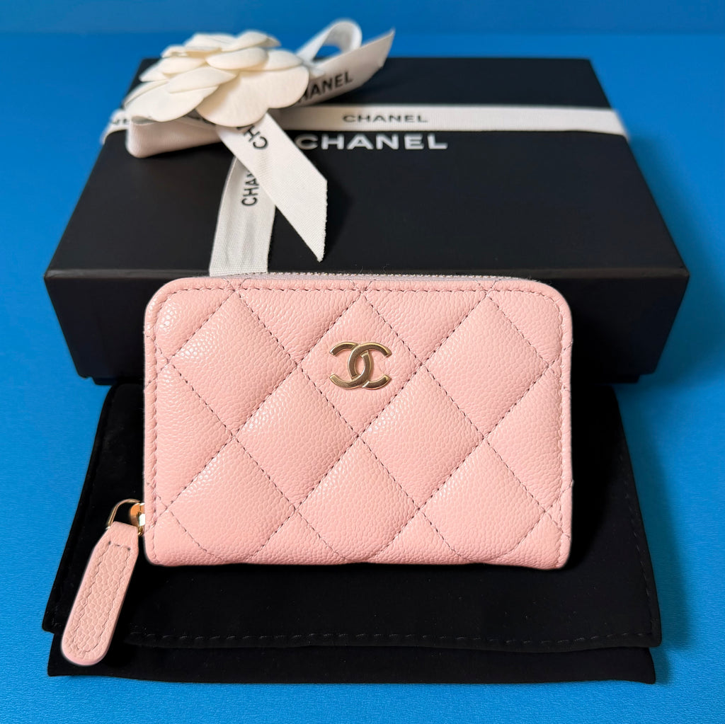 CHANEL Classic Zip Coin Purse Pink Caviar Leather Card Holder Wallet