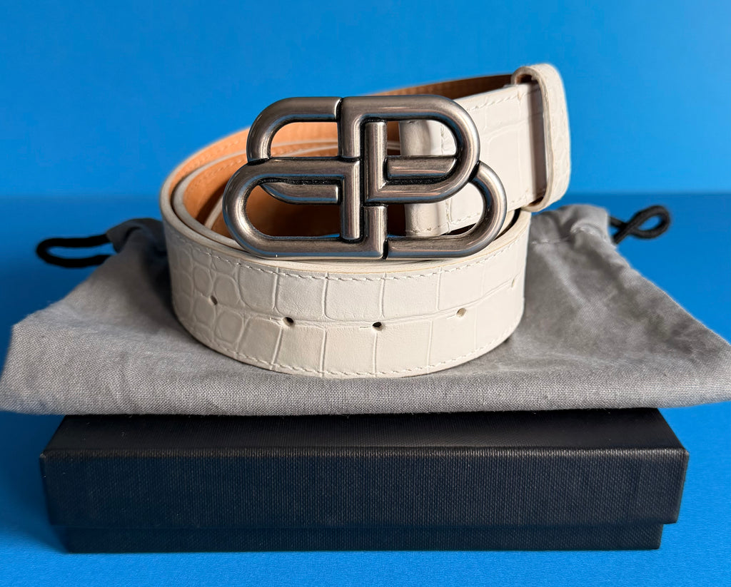 White Balenciaga BB Croc-Effect Leather Belt