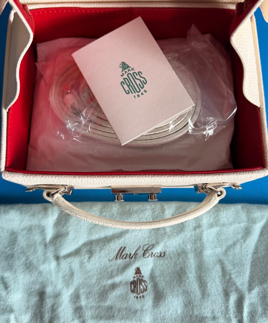 Authentic Mark Cross 1845 Mini Trunk Bag Bone Pebbled Leather Red Lining NWT