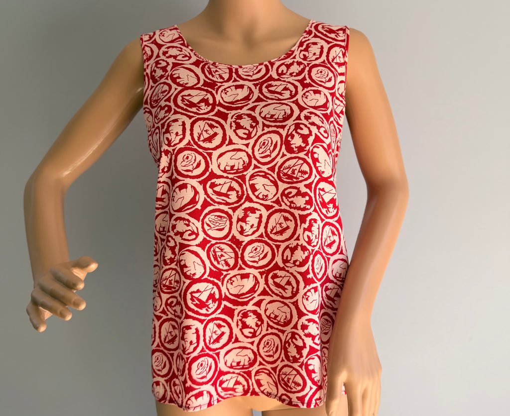 Vintage Chanel Red & Ivory Graphic Print Sleeveless Top Karl Lagerfeld Era Made in France (36)
