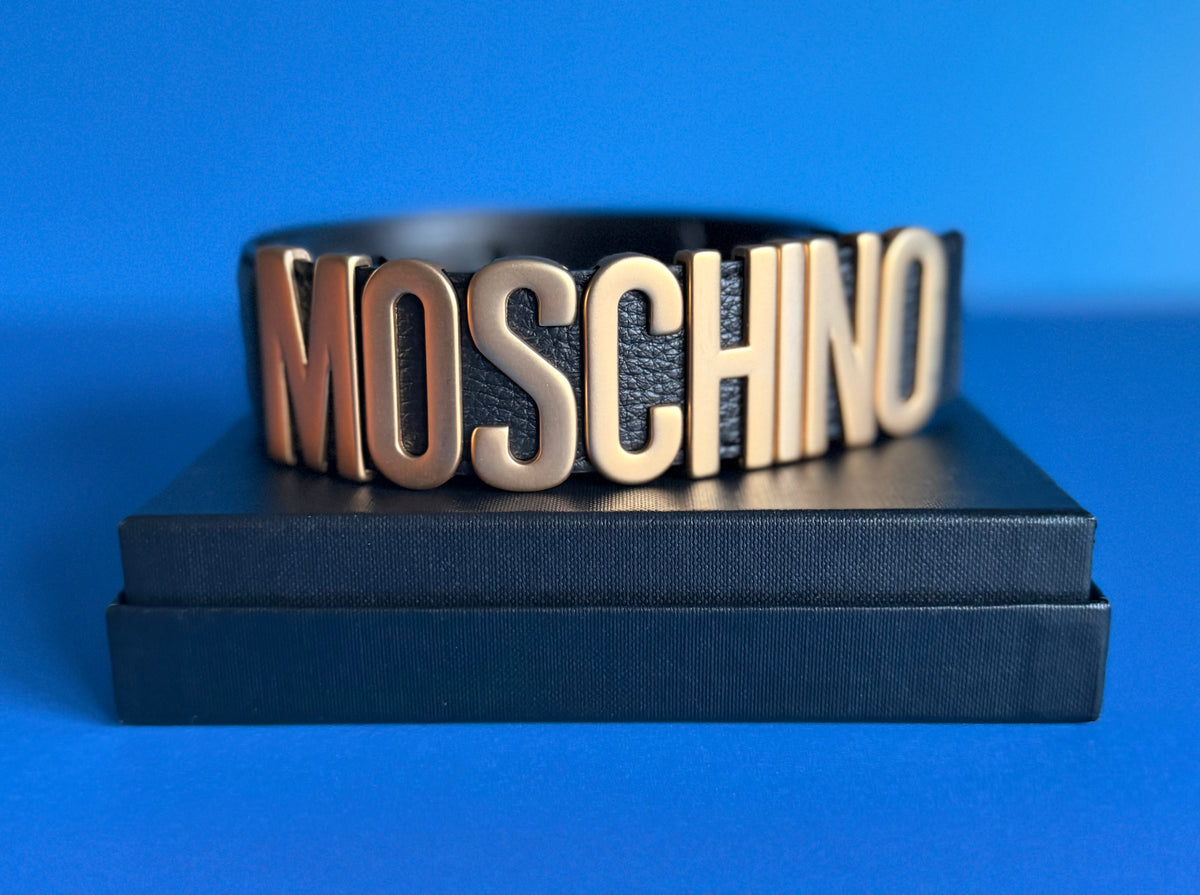 Moschino Black Leather Gold Logo Belt