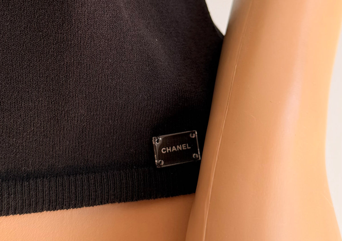 Chanel Vintage Black Knit Tank Top CC Logo Plaque Made in Italy FR 34/ US XS
