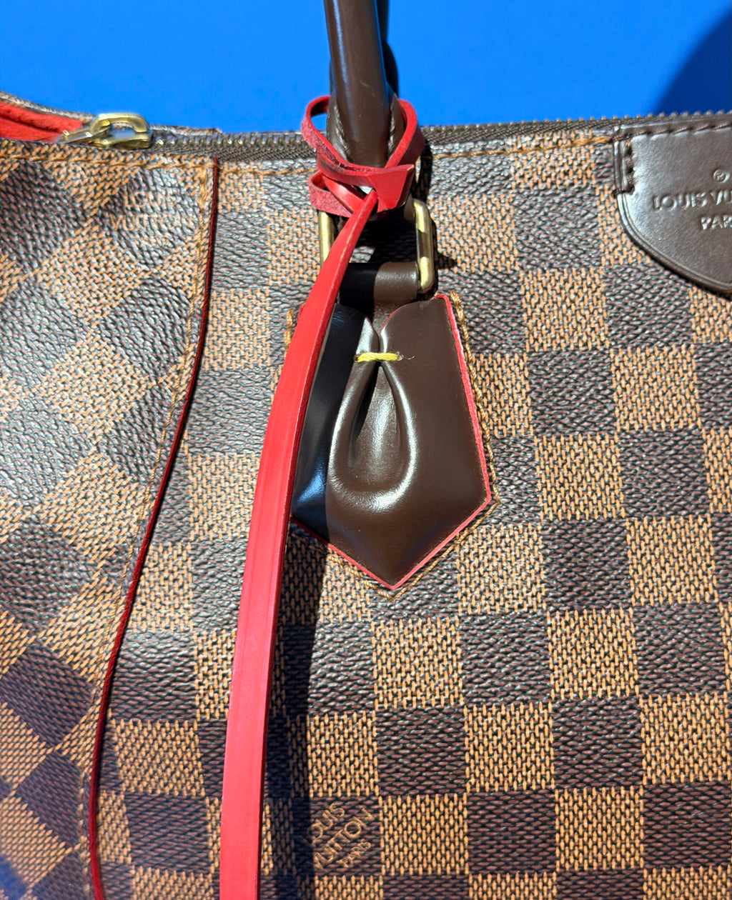 Louis Vuitton Caissa MM Damier Ebene Tote Bag Red Cerise Leather Trim