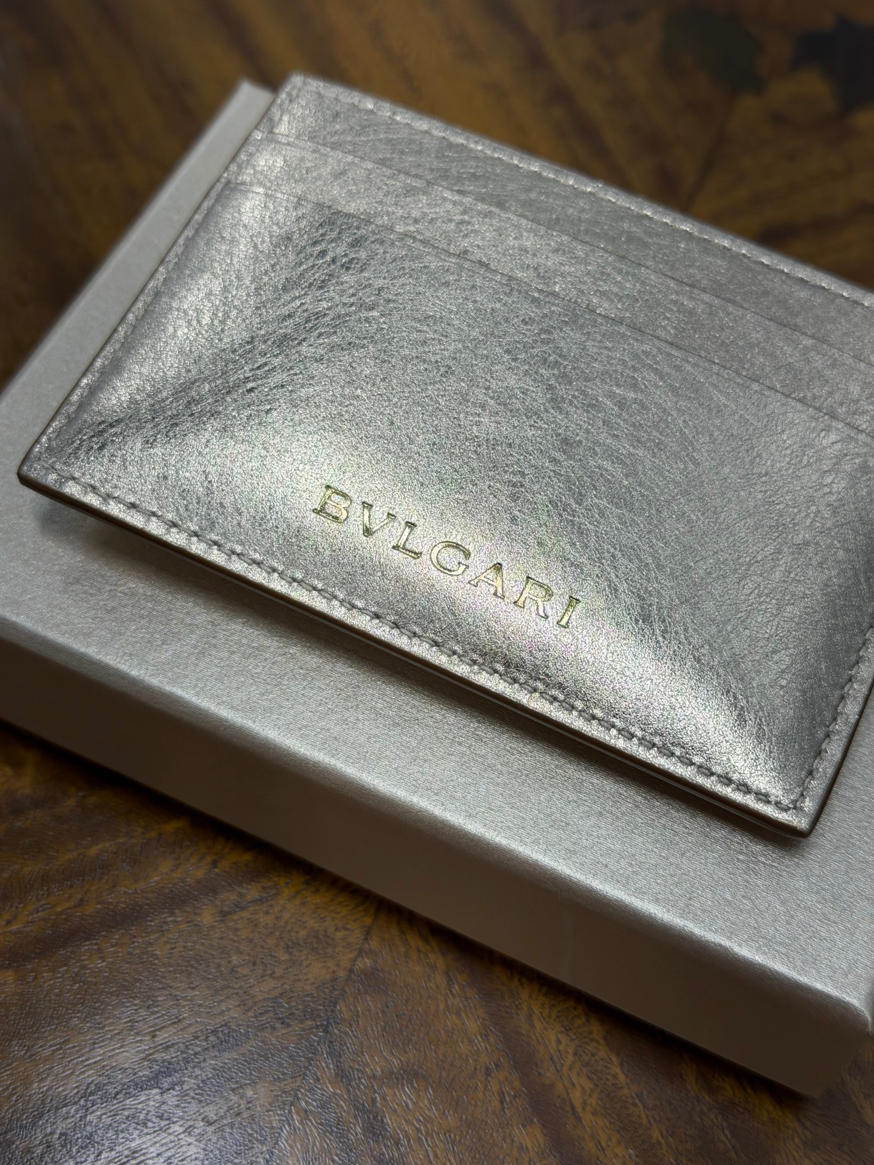 Bvlgari Serpenti Forever Metallic Silver Calfskin Leather Card Holder