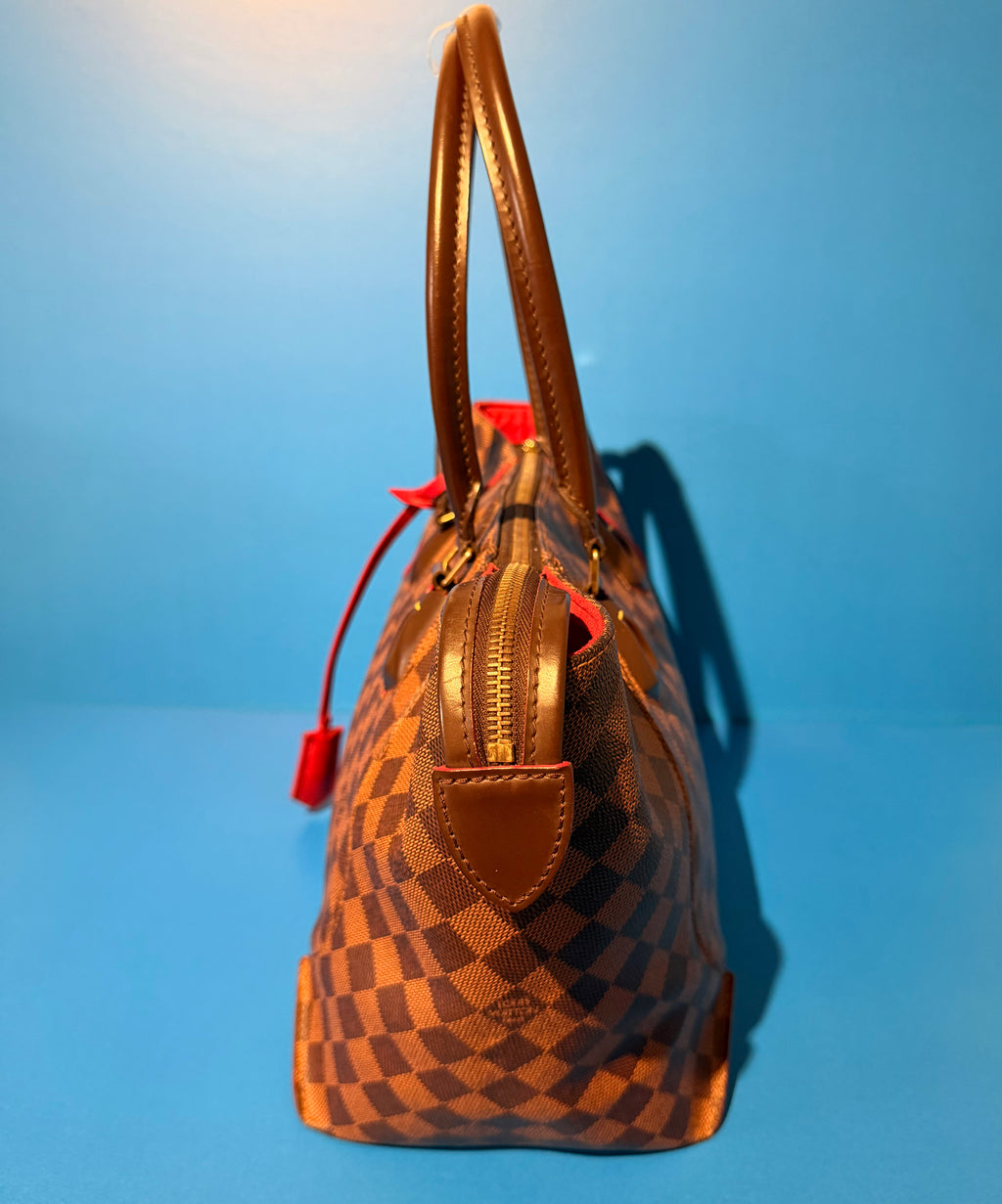 Louis Vuitton Caissa MM Damier Ebene Tote Bag Red Cerise Leather Trim