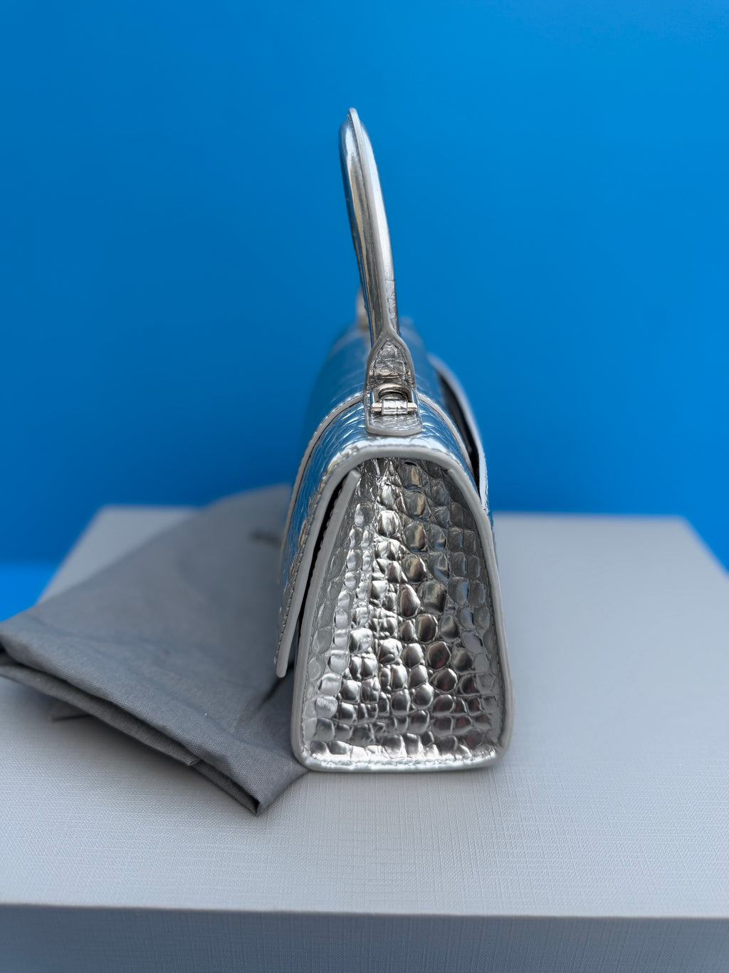 Balenciaga Metallic Crocodile Embossed Hourglass Top Handle Bag XS Silver Women