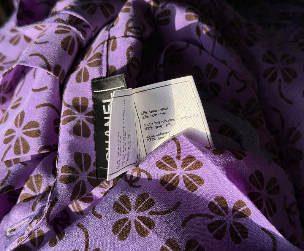 Rare Vintage Chanel 2002 Purple CC Monogram Floral Silk Wool Top & Skirt Set FR36