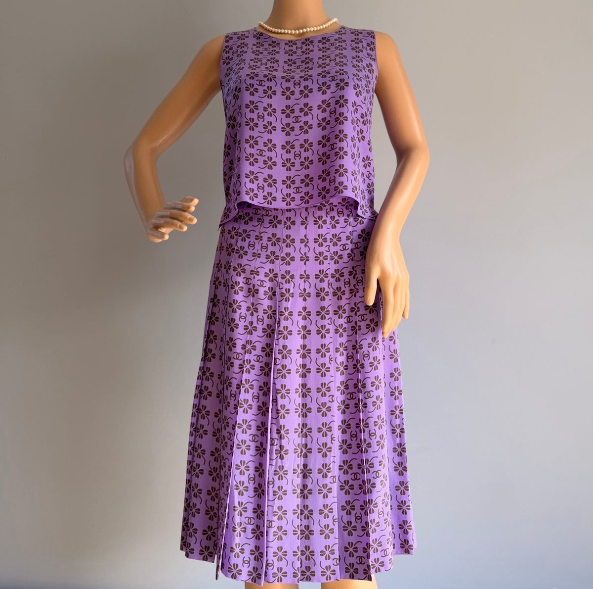 Rare Vintage Chanel 2002 Purple CC Monogram Floral Silk Wool Top & Skirt Set FR36