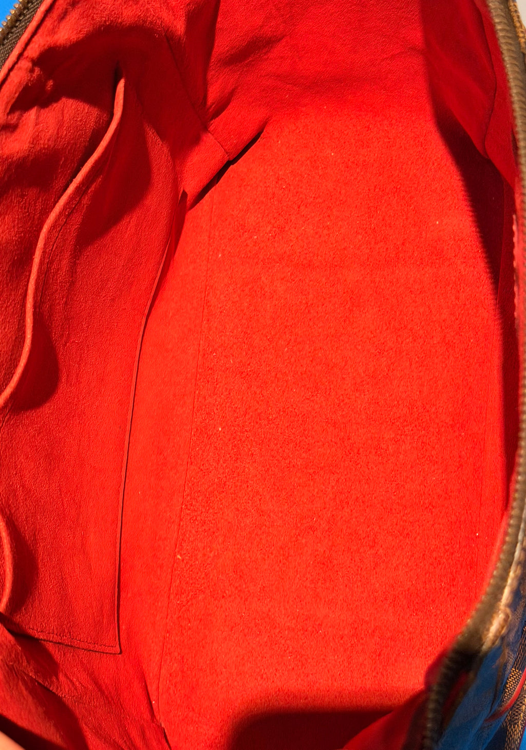 Louis Vuitton Caissa MM Damier Ebene Tote Bag Red Cerise Leather Trim