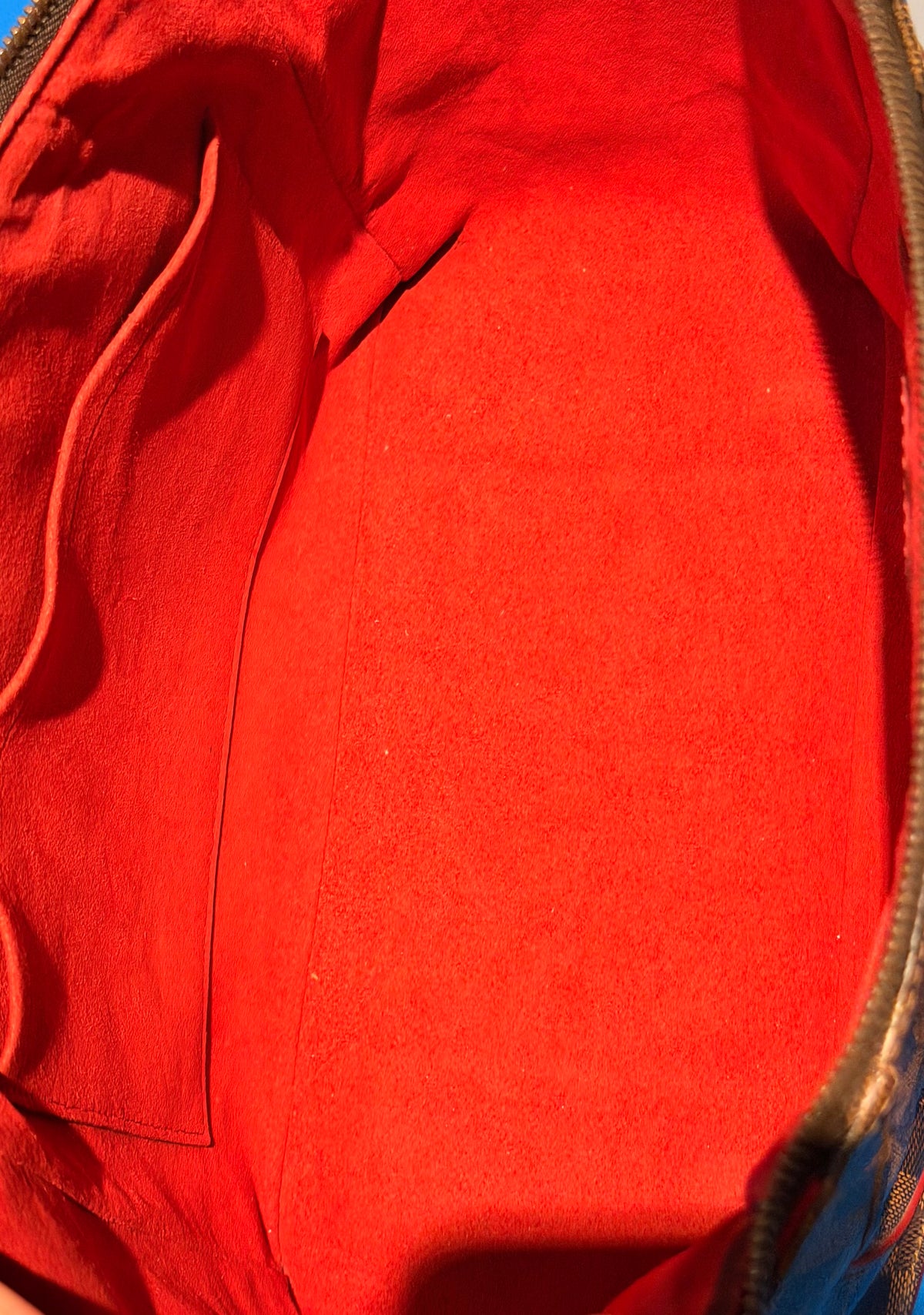 Louis Vuitton Caissa MM Damier Ebene Tote Bag Red Cerise Leather Trim