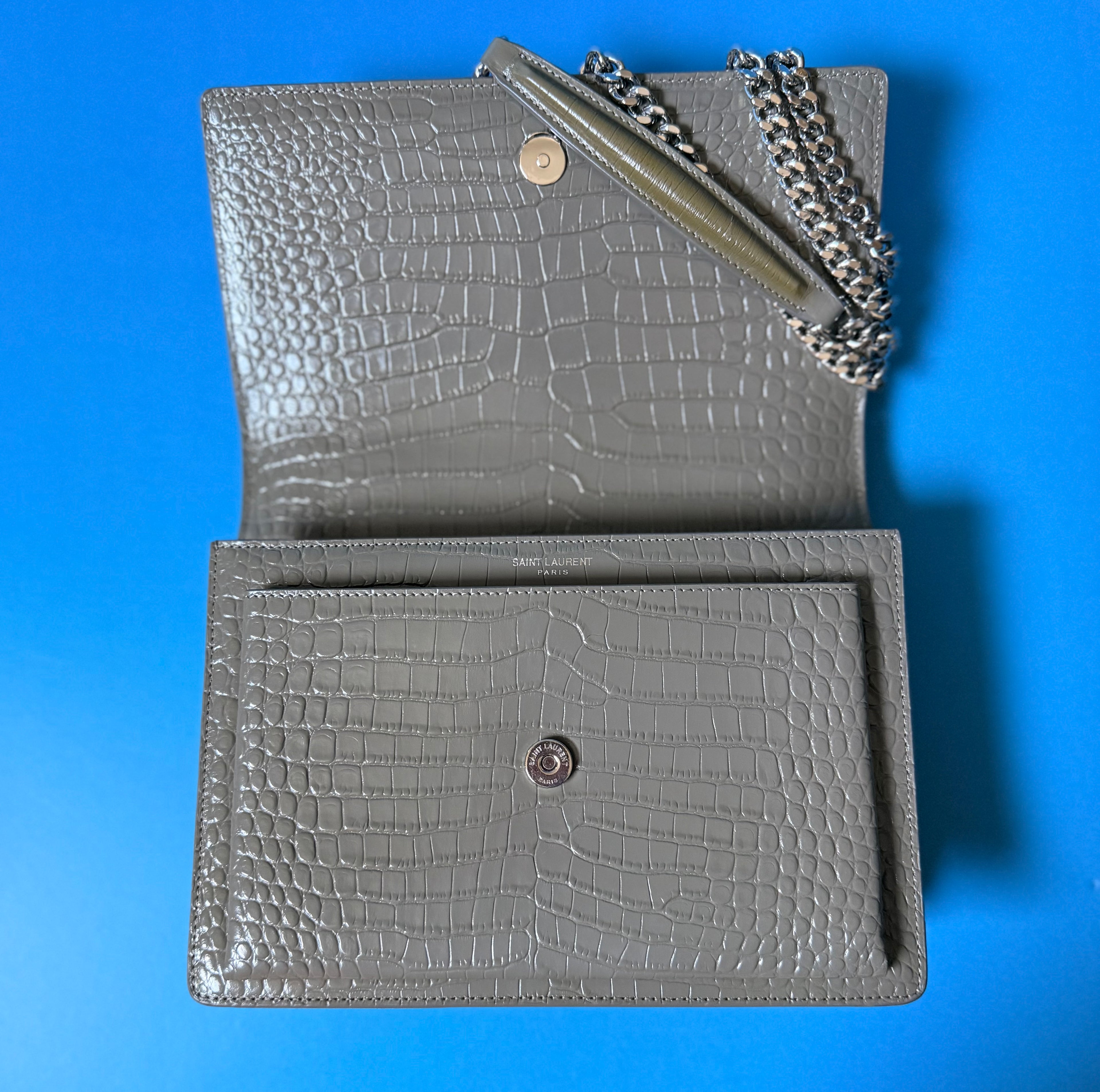 Saint Laurent medium sunset bag in gray croc effect￼