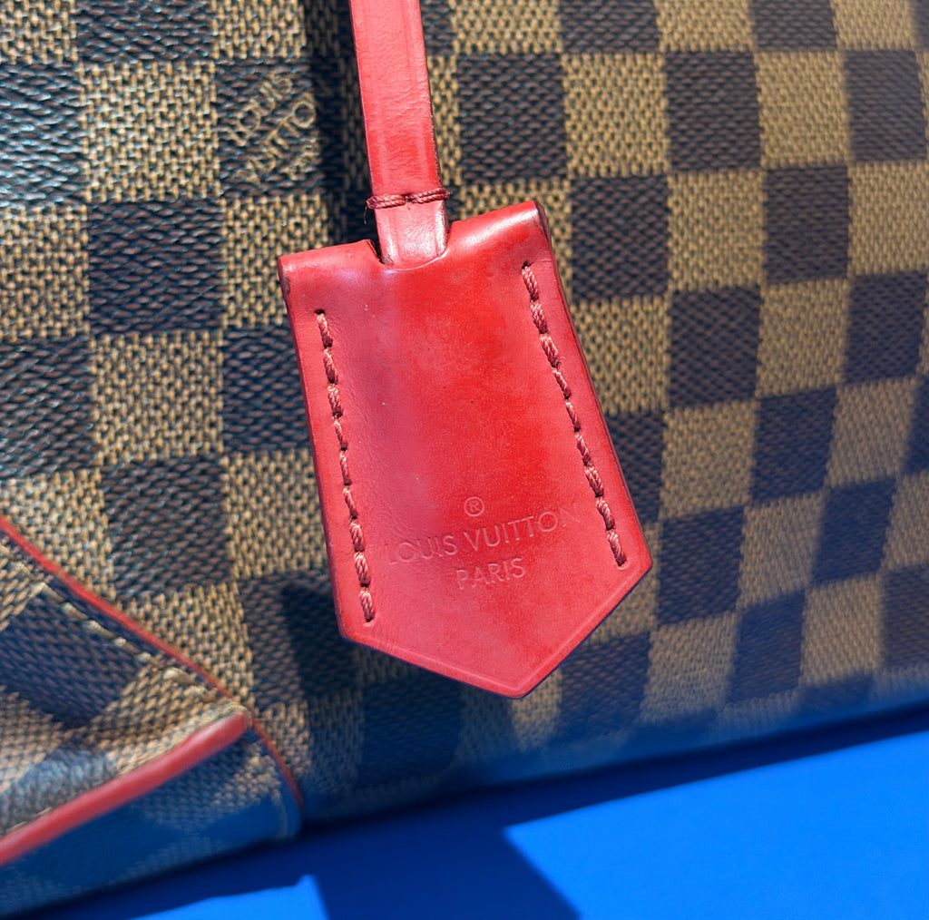 Louis Vuitton Caissa MM Damier Ebene Tote Bag Red Cerise Leather Trim