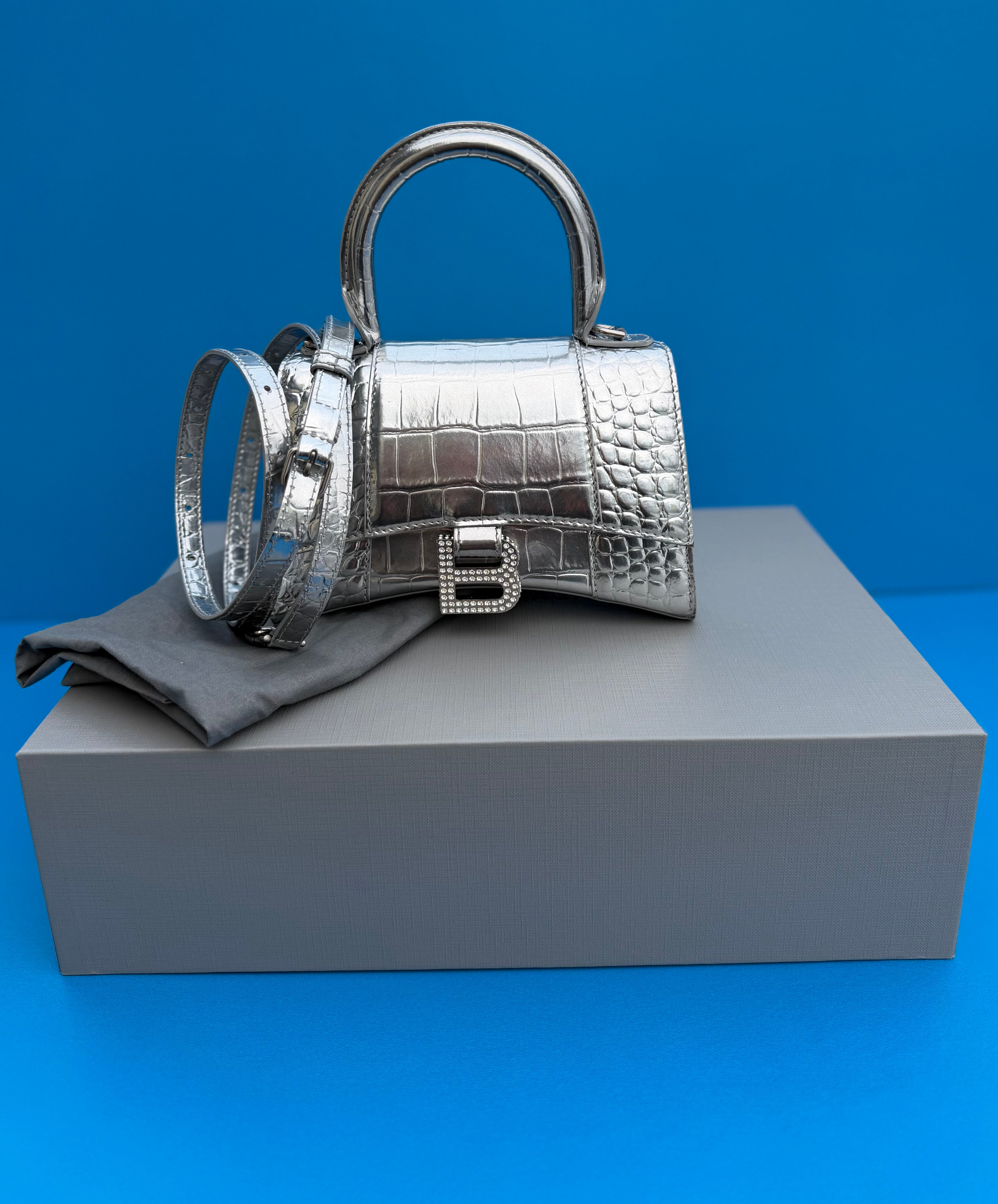 Balenciaga Metallic Crocodile Embossed Hourglass Top Handle Bag XS Silver Women