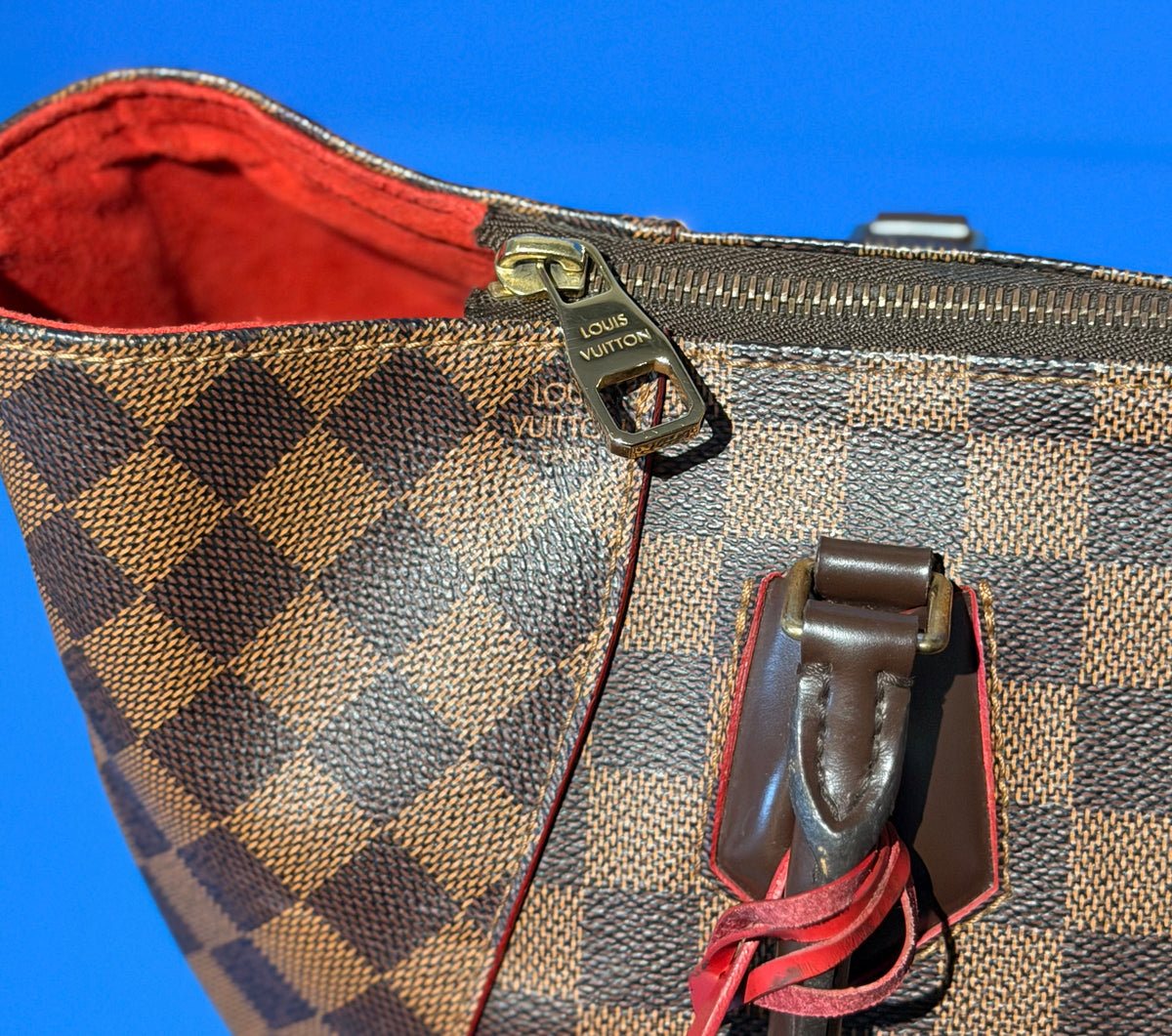 Louis Vuitton Caissa MM Damier Ebene Tote Bag Red Cerise Leather Trim