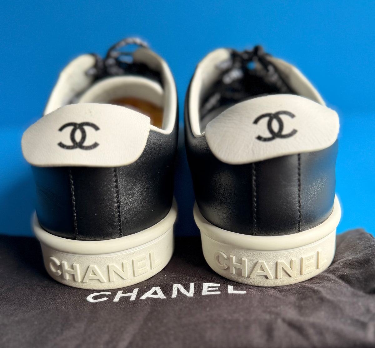 Chanel Black Leather Logo Lace Low-Top Sneakers Size 38 (US 8)