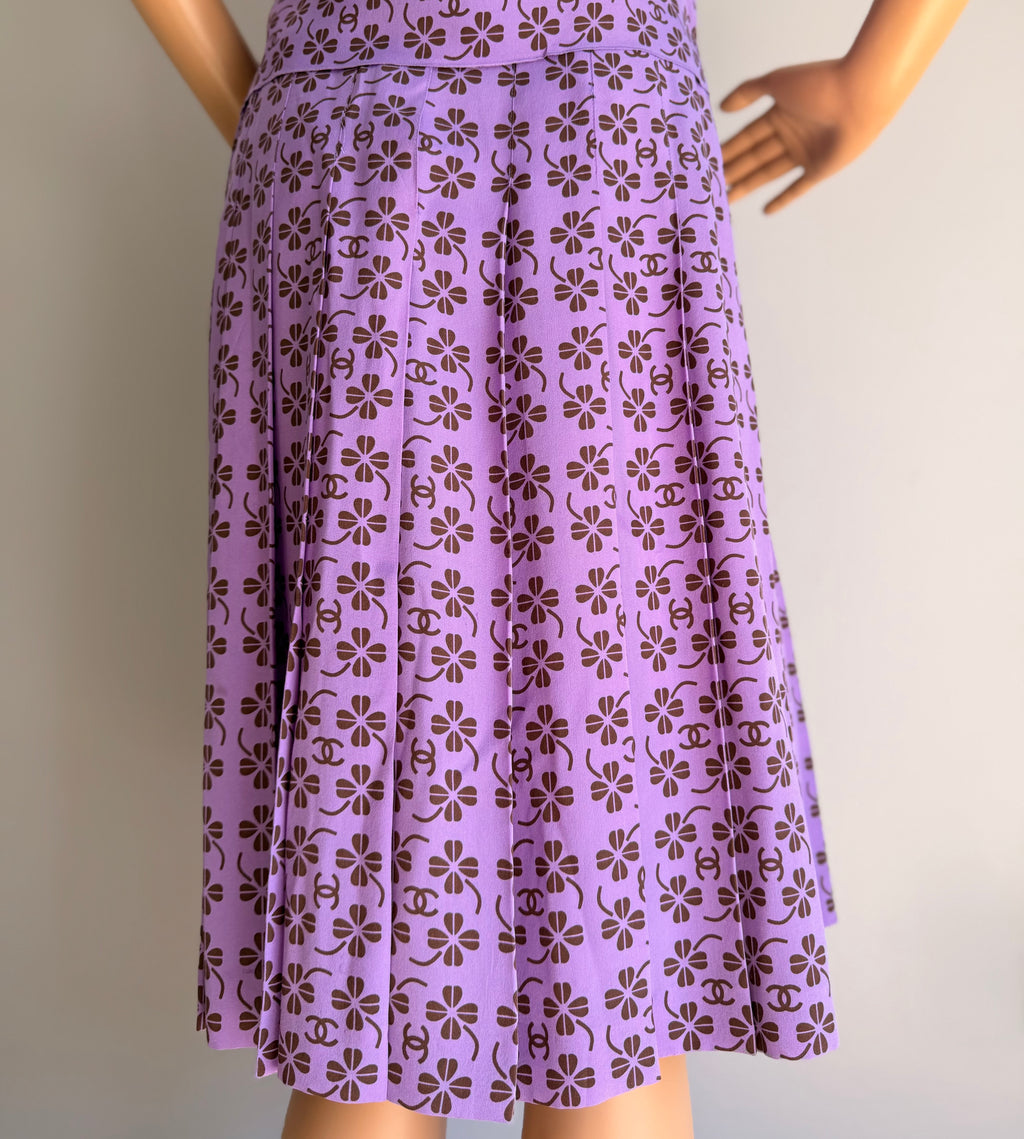 Rare Vintage Chanel 2002 Purple CC Monogram Floral Silk Wool Top & Skirt Set FR36