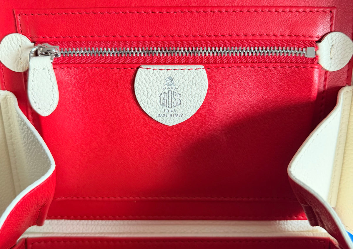 Authentic Mark Cross 1845 Mini Trunk Bag Bone Pebbled Leather Red Lining NWT