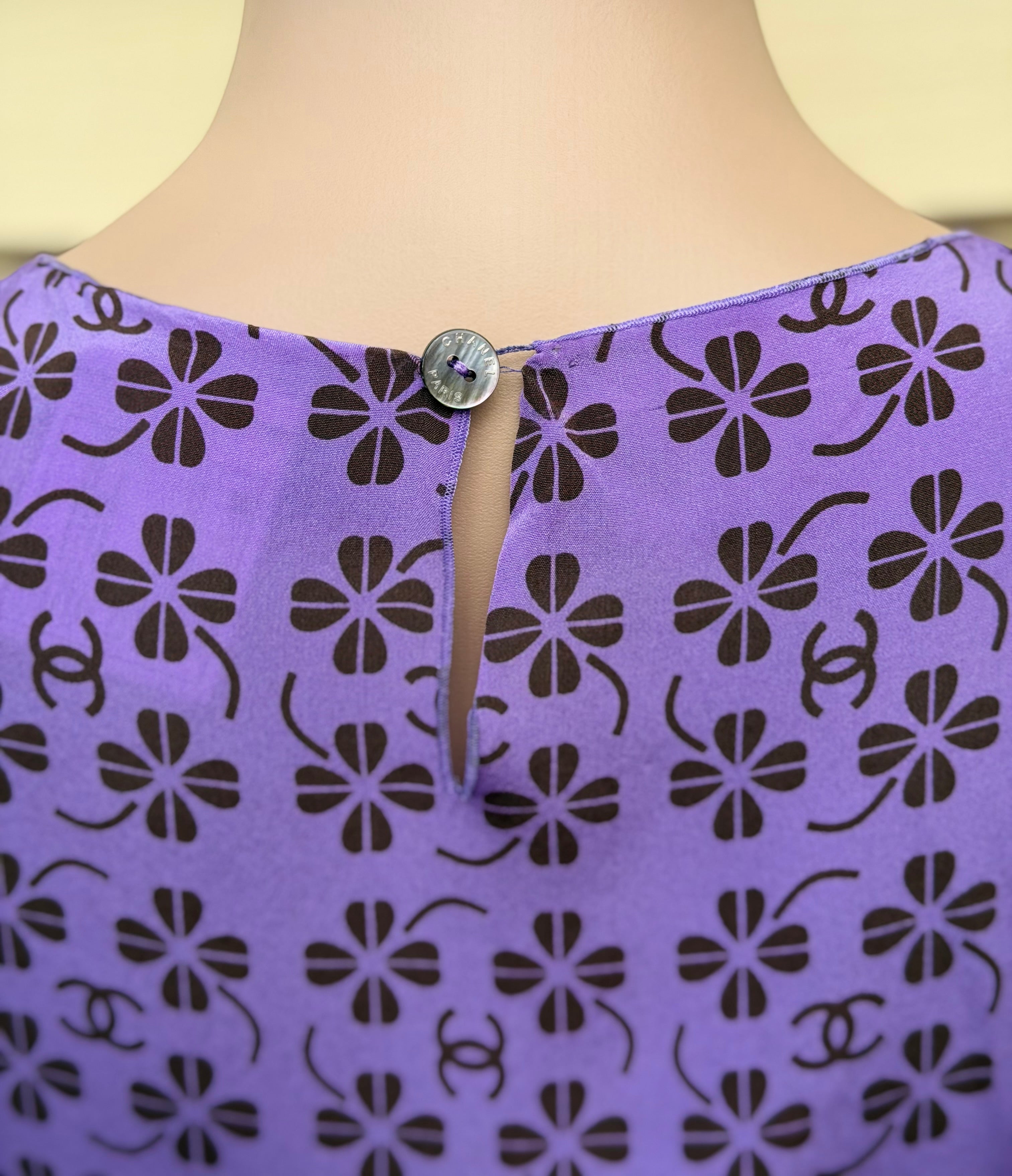 Rare Vintage Chanel 2002 Purple CC Monogram Floral Silk Wool Top & Skirt Set FR36