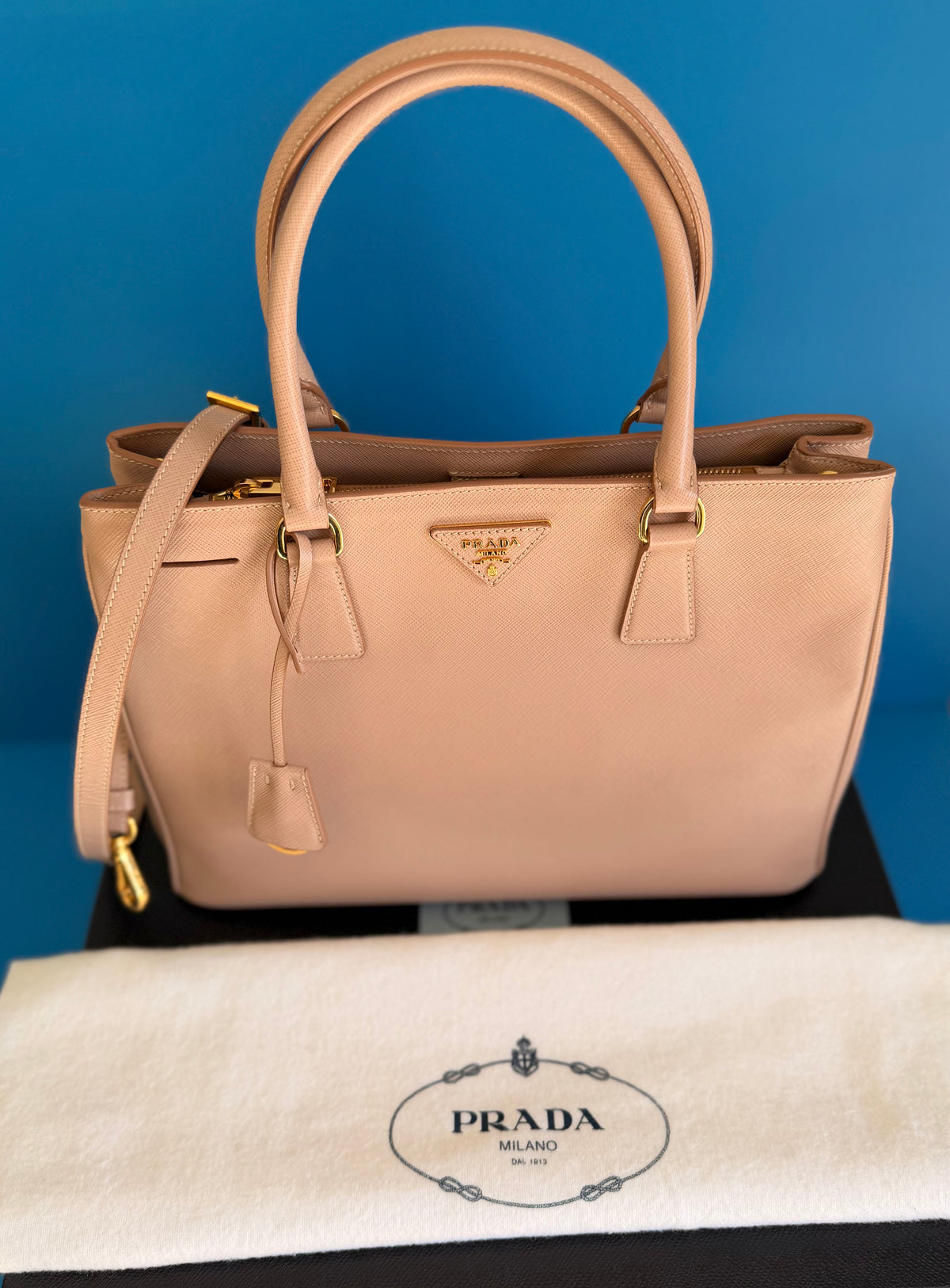 PRADA Saffiano Lux Tote Bag Cammeo Beige Brand New with Card Discontinued