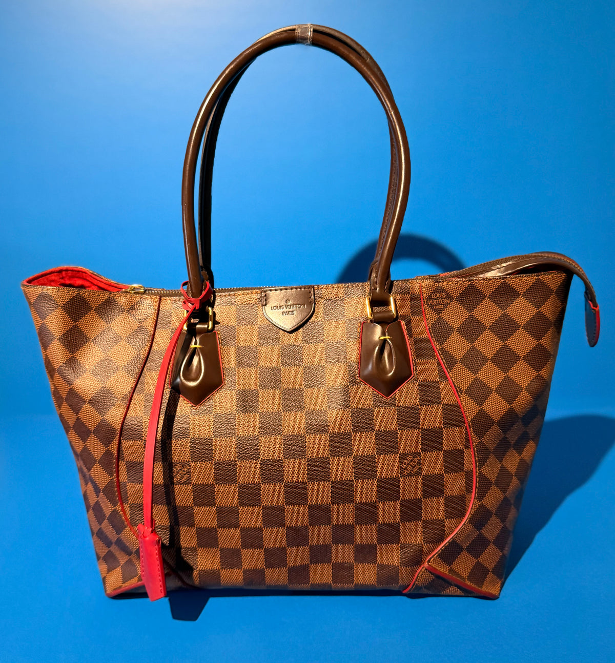 Louis Vuitton Caissa MM Damier Ebene Tote Bag Red Cerise Leather Trim