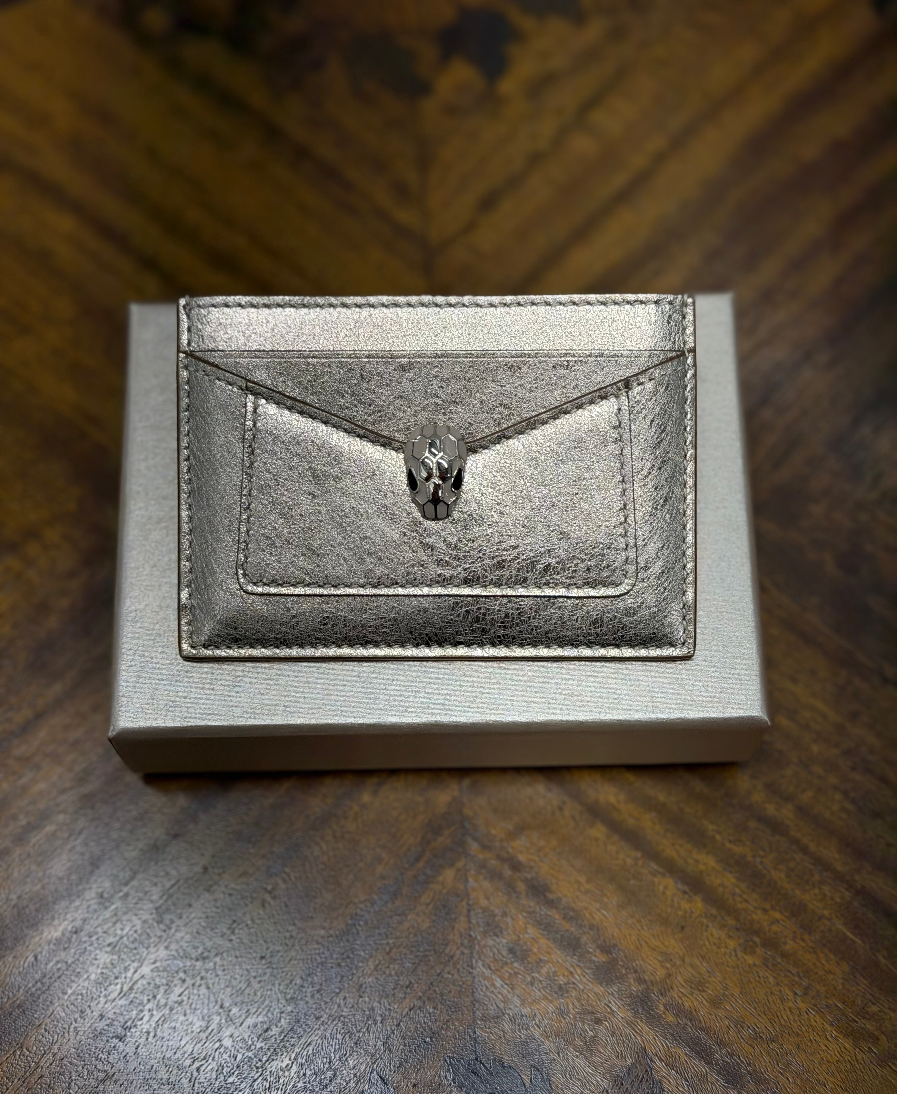 Bvlgari Serpenti Forever Metallic Silver Calfskin Leather Card Holder