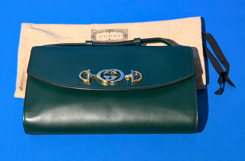 Gucci Zumi Small Green Leather Shoulder Bag Gold Chain GG Horsebit