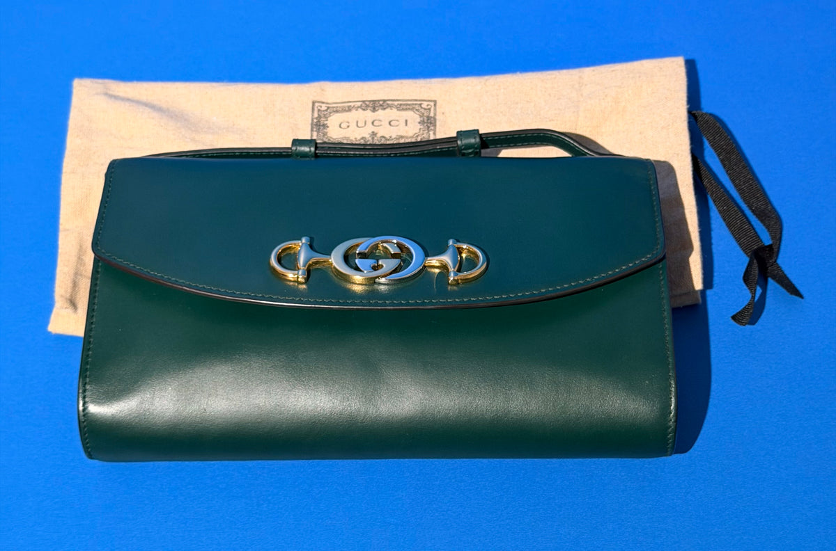 Gucci Zumi Small Green Leather Shoulder Bag Gold Chain GG Horsebit