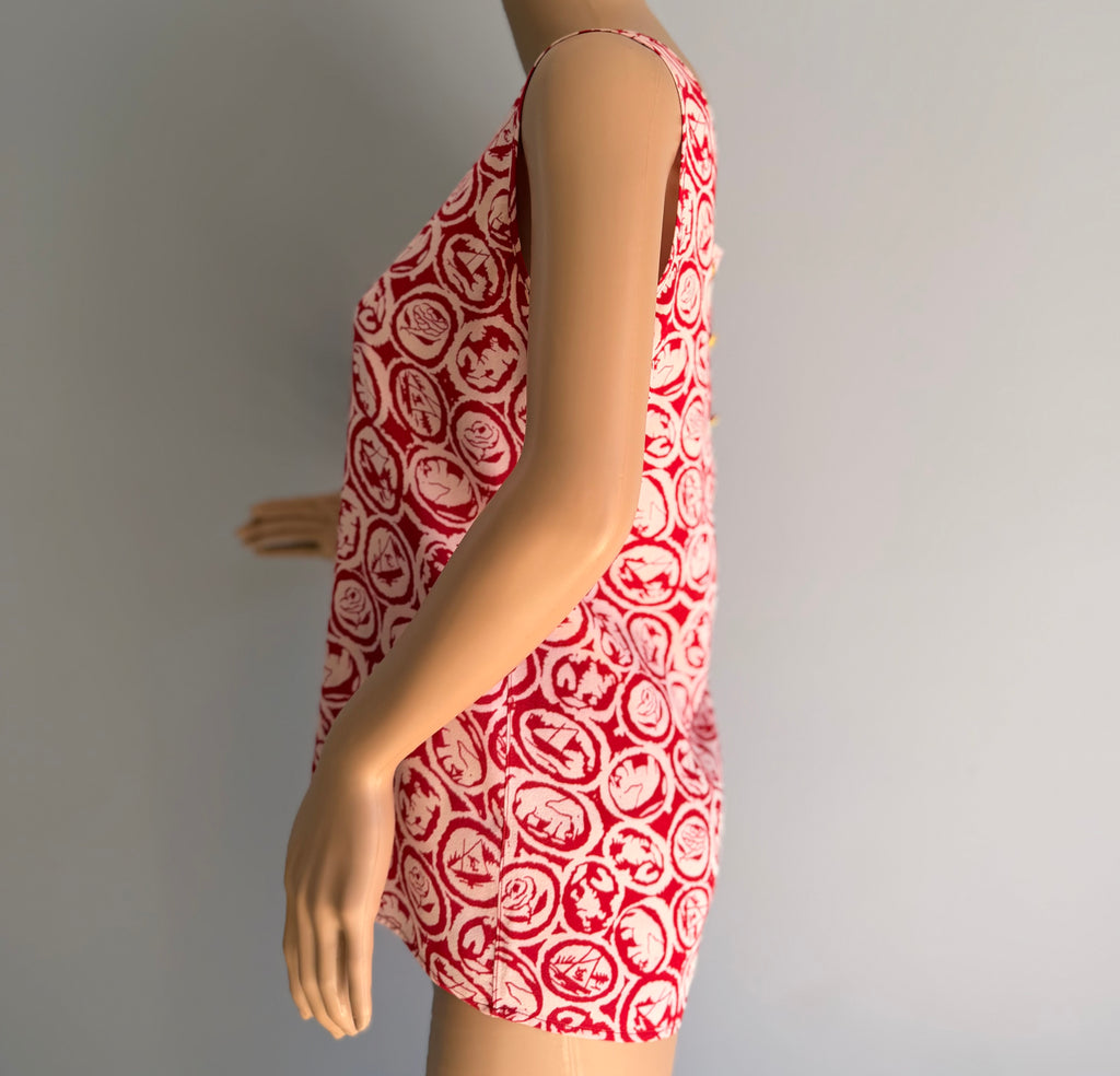 Vintage Chanel Red & Ivory Graphic Print Sleeveless Top Karl Lagerfeld Era Made in France (36)