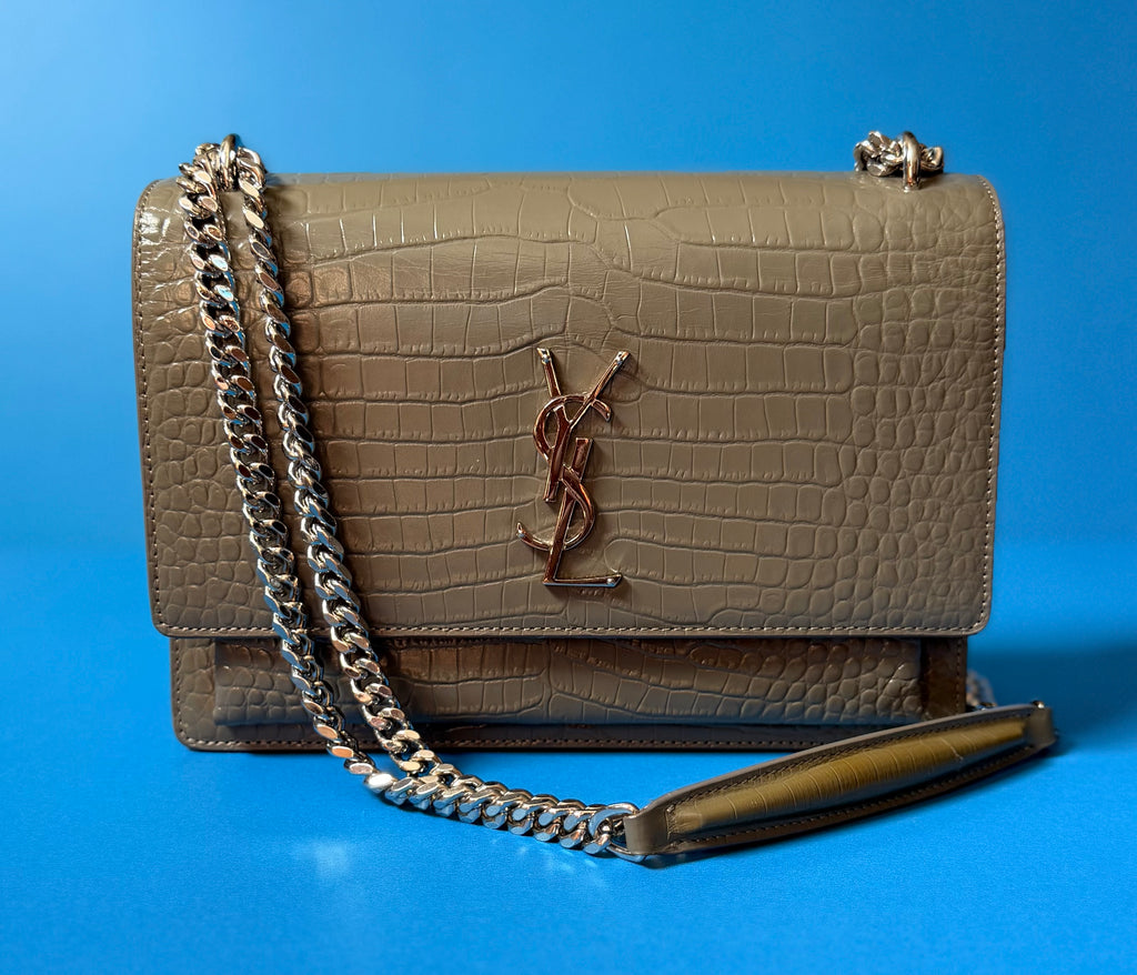 Saint Laurent medium sunset bag in gray croc effect￼