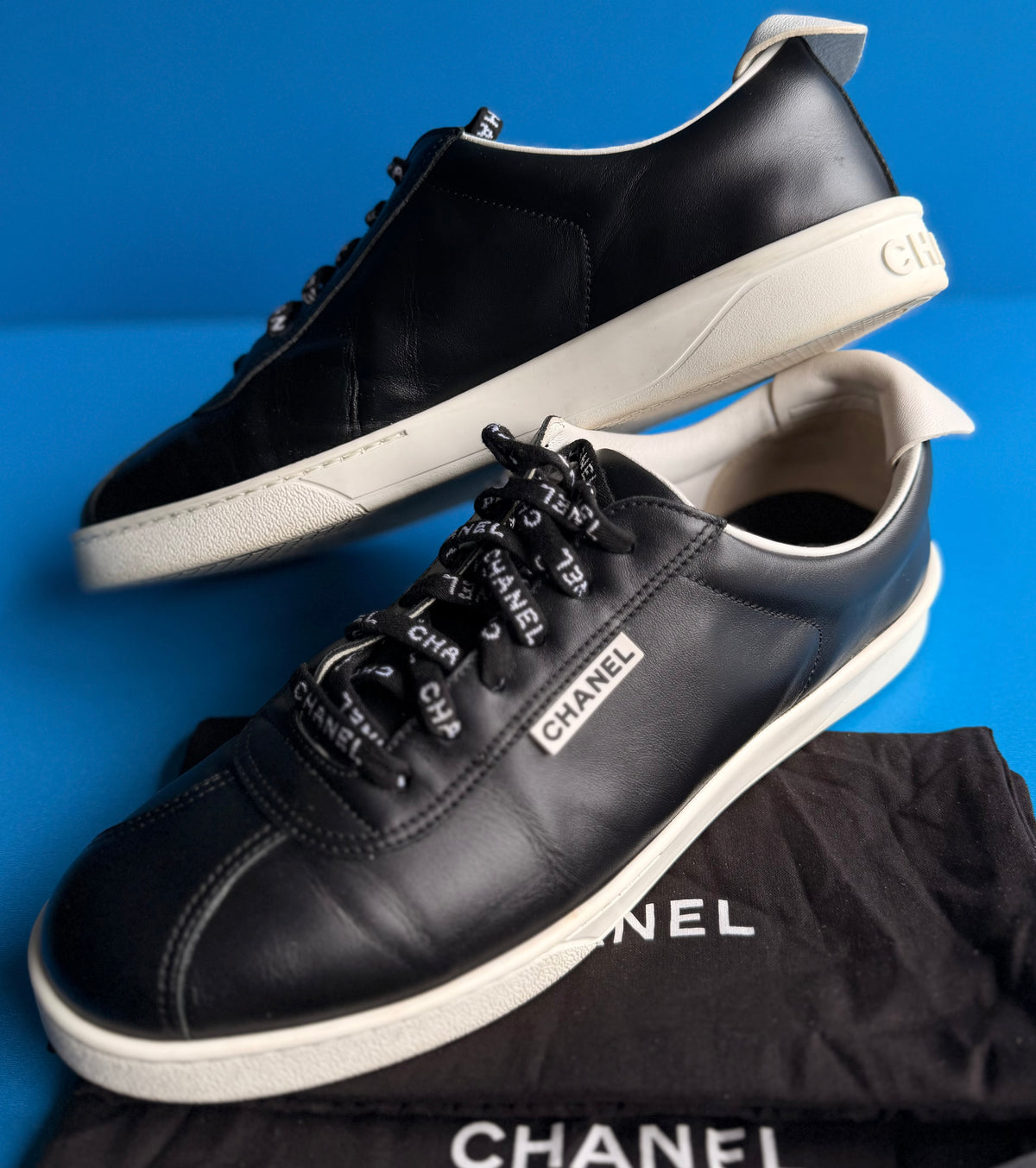 Chanel Black Leather Logo Lace Low-Top Sneakers Size 38 (US 8)