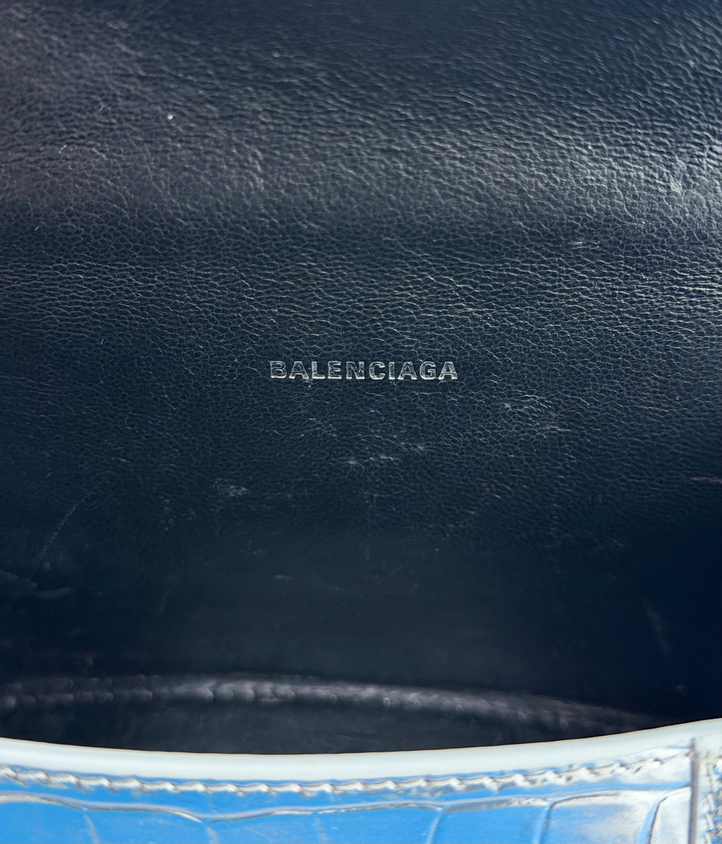 Balenciaga Metallic Crocodile Embossed Hourglass Top Handle Bag XS Silver Women