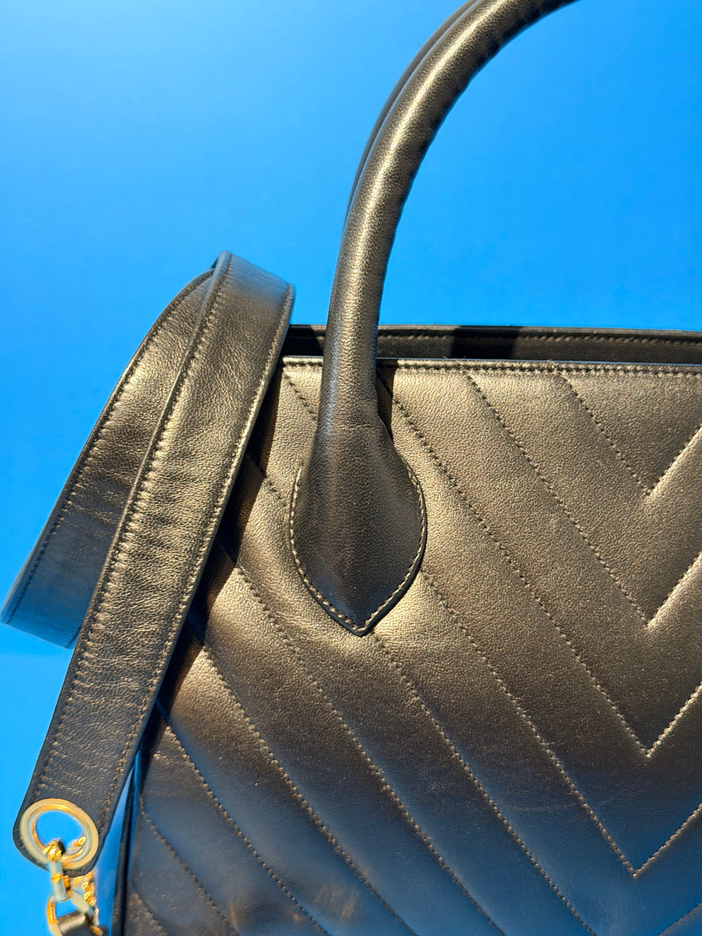 Chanel Medium Chevron V Stitch Black Lambskin Leather Top Handle Bag