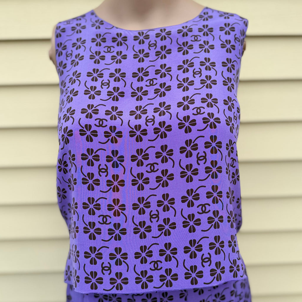 Rare Vintage Chanel 2002 Purple CC Monogram Floral Silk Wool Top & Skirt Set FR36