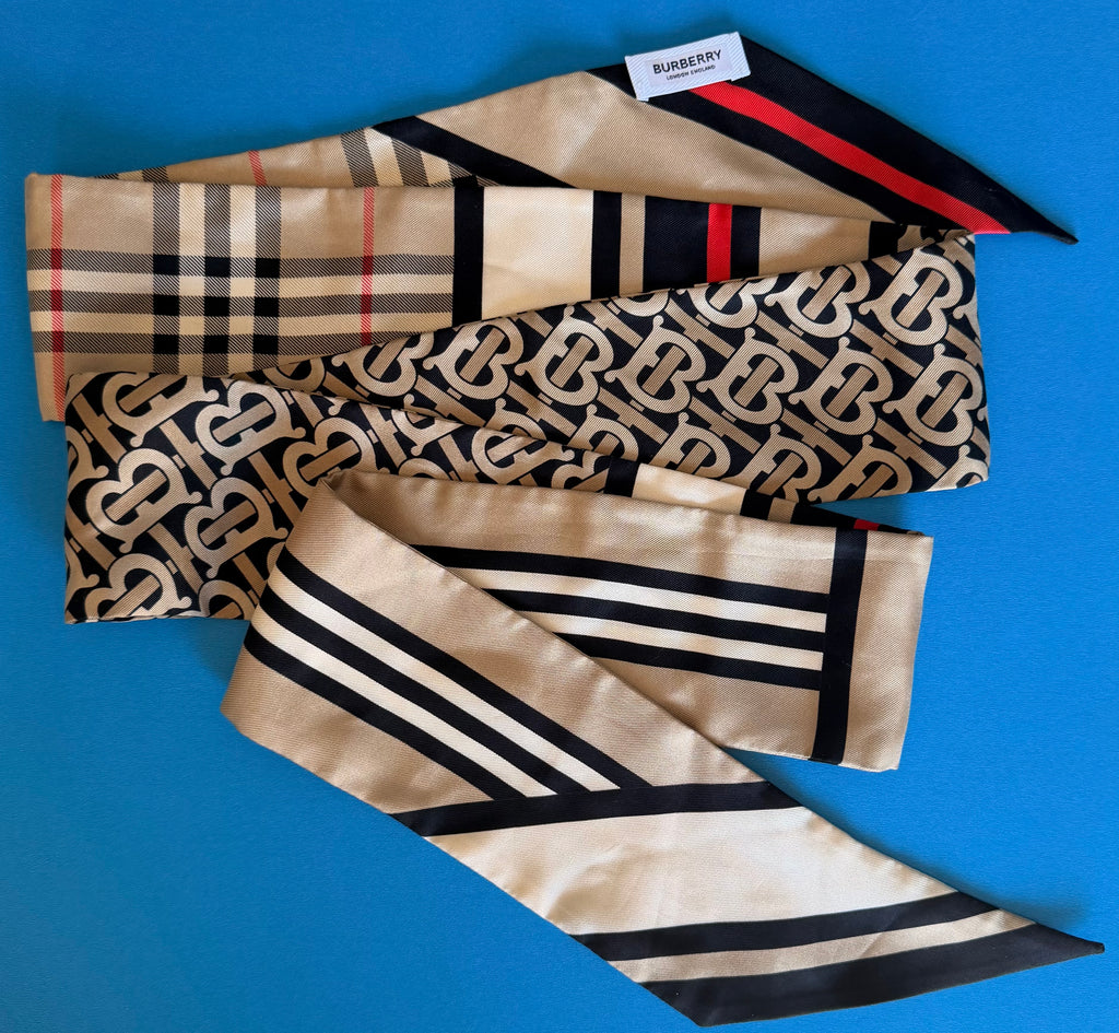 Burberry Silk Skinny Scarf TB Monogram Icon Stripe Vintage Check Twilly Italy