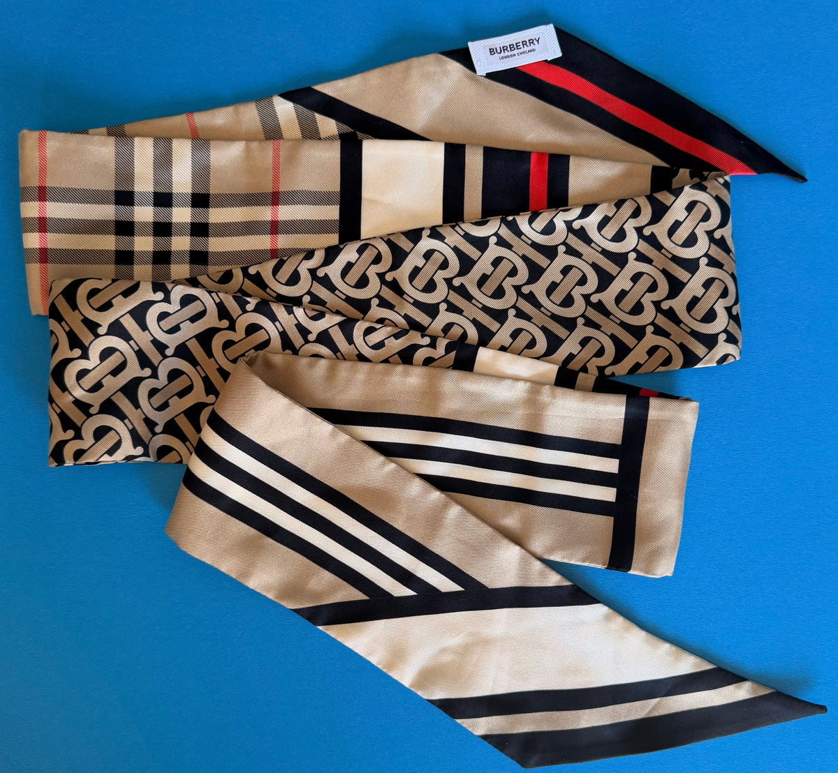 Burberry Silk Skinny Scarf TB Monogram Icon Stripe Vintage Check Twilly Italy
