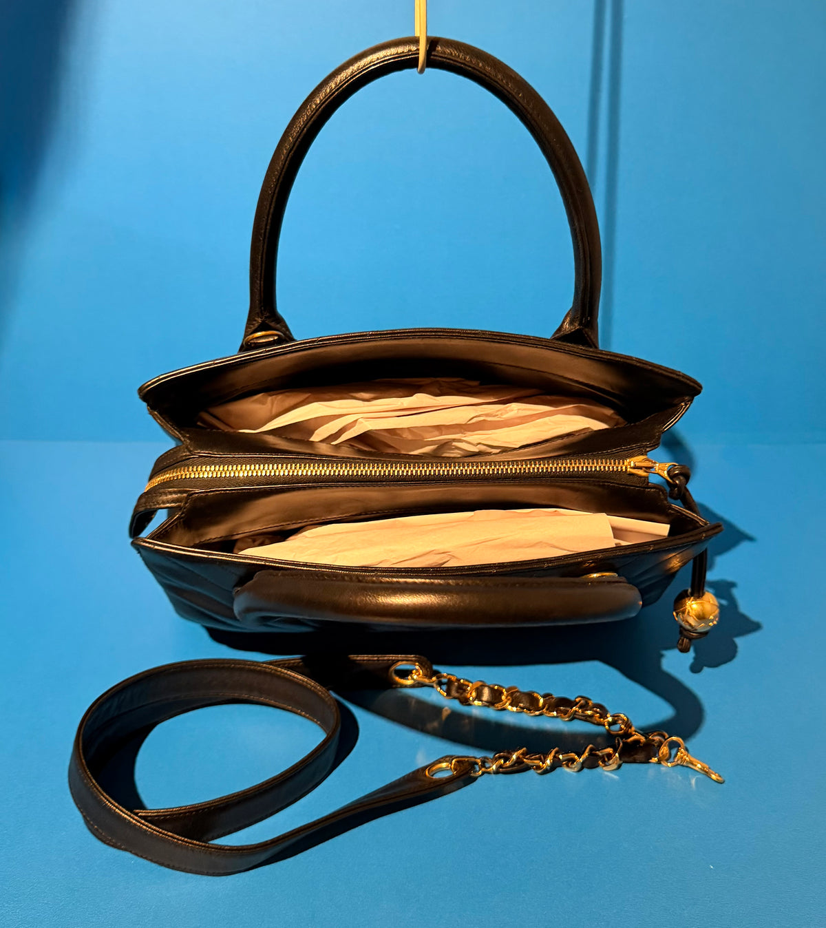 Chanel Medium Chevron V Stitch Black Lambskin Leather Top Handle Bag