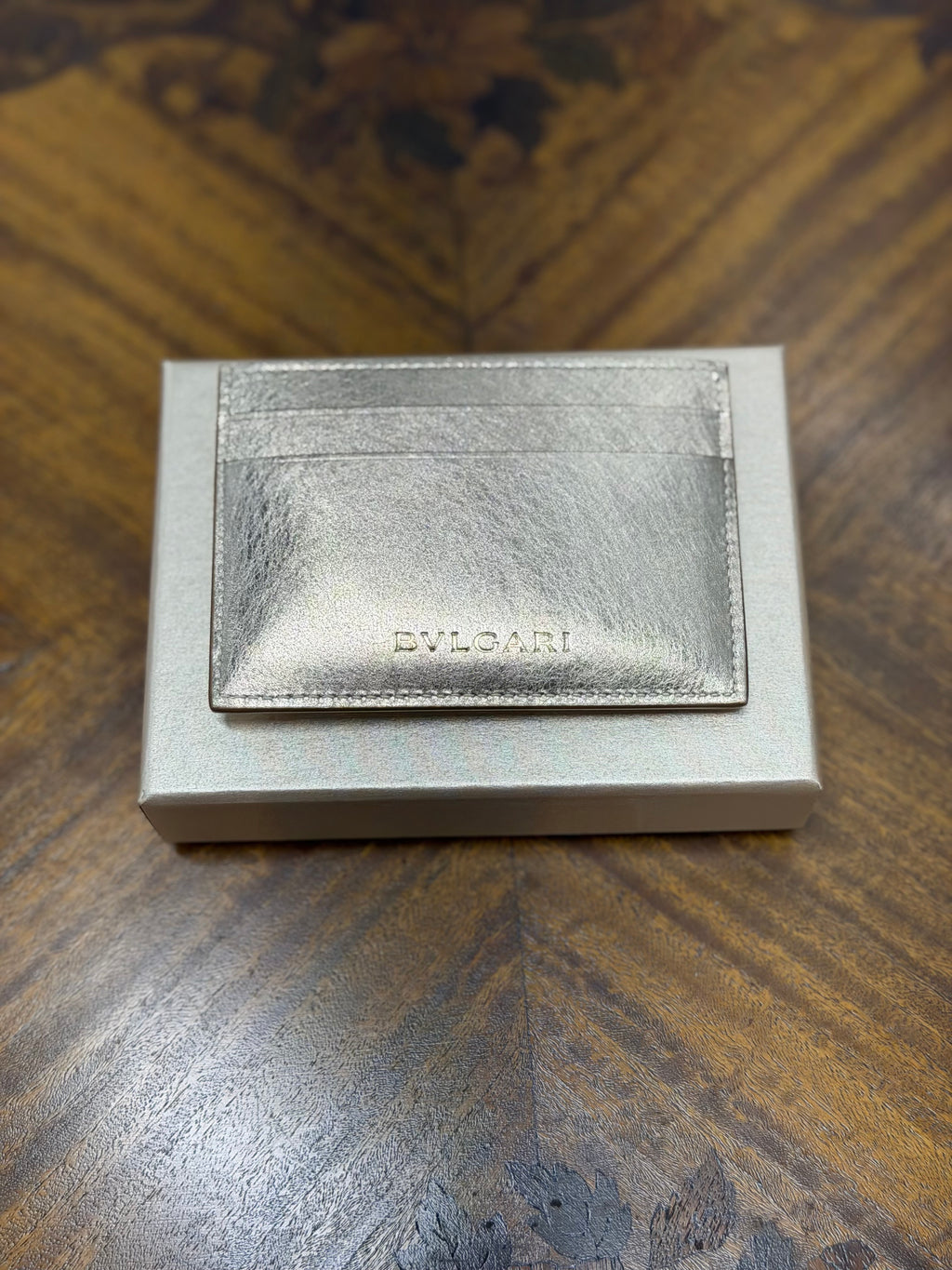 Bvlgari Serpenti Forever Metallic Silver Calfskin Leather Card Holder