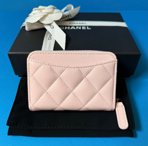 CHANEL Classic Zip Coin Purse Pink Caviar Leather Card Holder Wallet