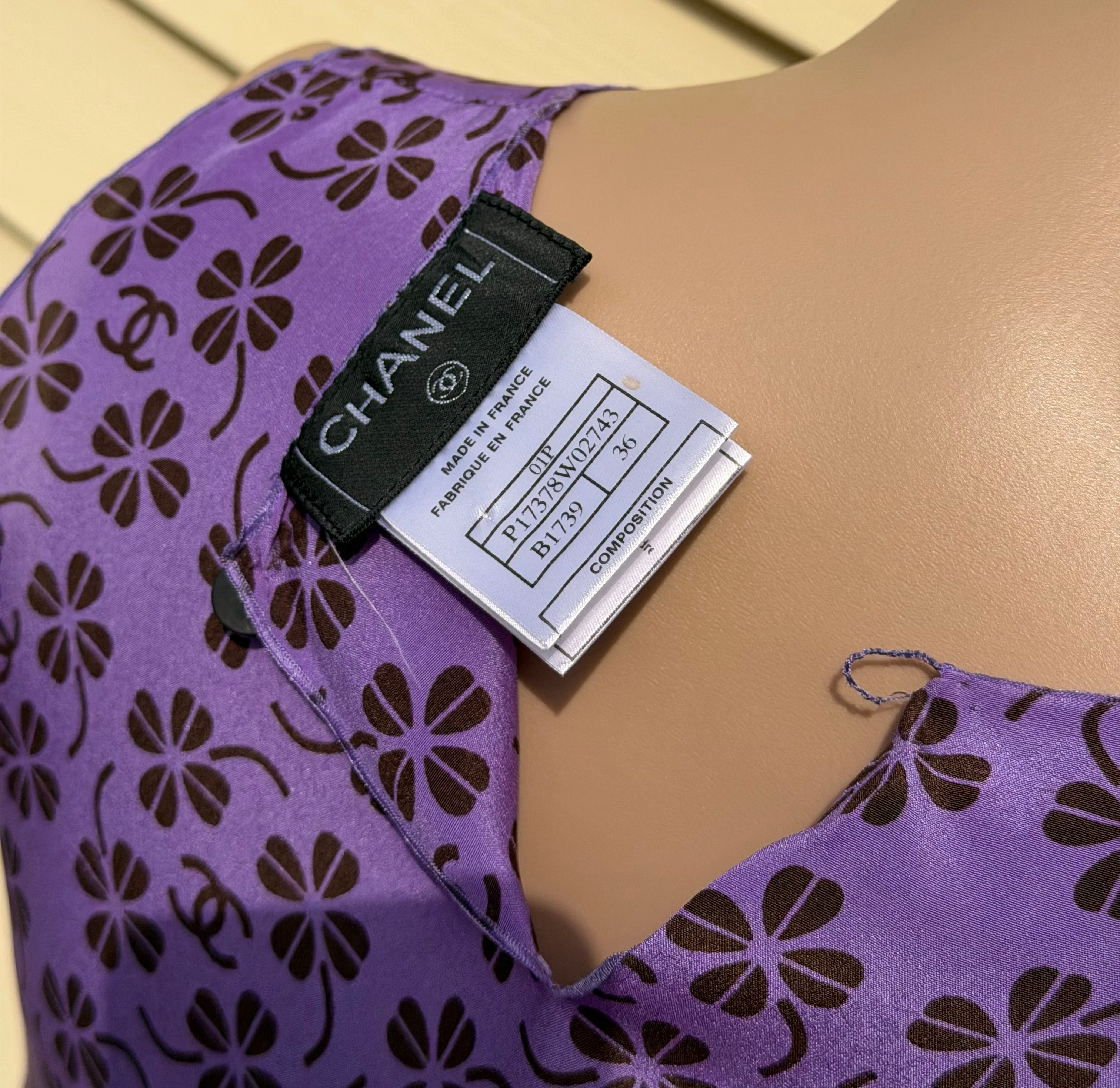 Rare Vintage Chanel 2002 Purple CC Monogram Floral Silk Wool Top & Skirt Set FR36