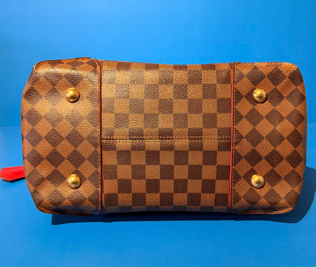 Louis Vuitton Caissa MM Damier Ebene Tote Bag Red Cerise Leather Trim