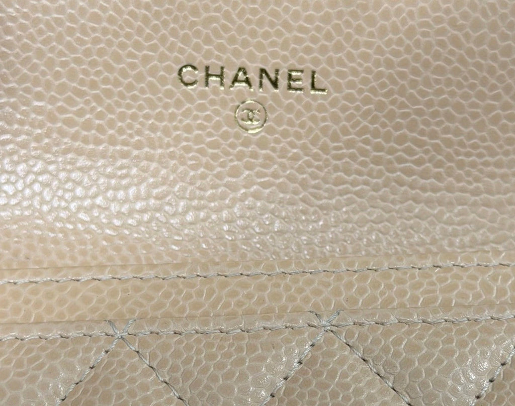 Chanel Caviar Quilted Flap Card Holder Wallet Beige Gold Hardware