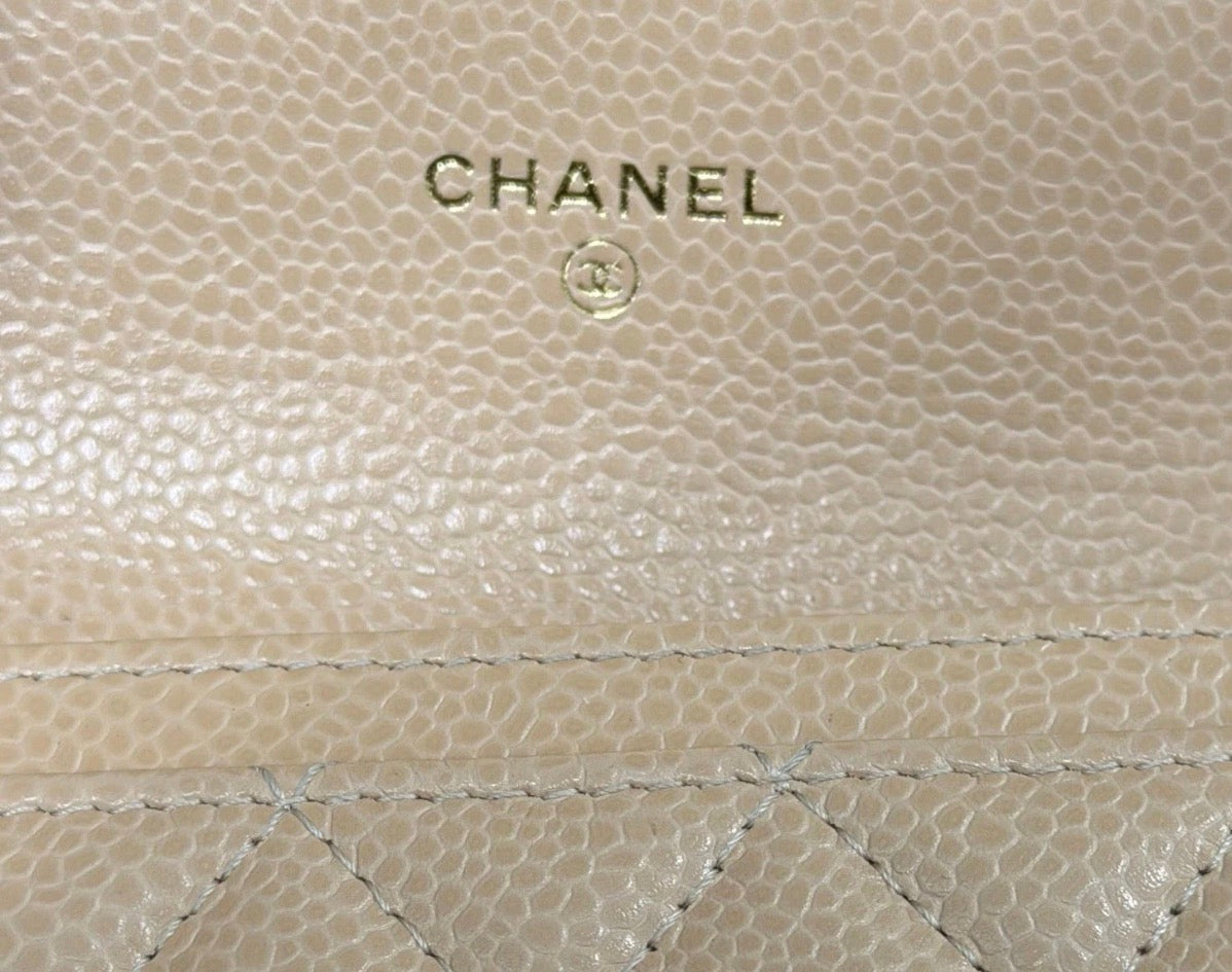 Chanel Caviar Quilted Flap Card Holder Wallet Beige Gold Hardware