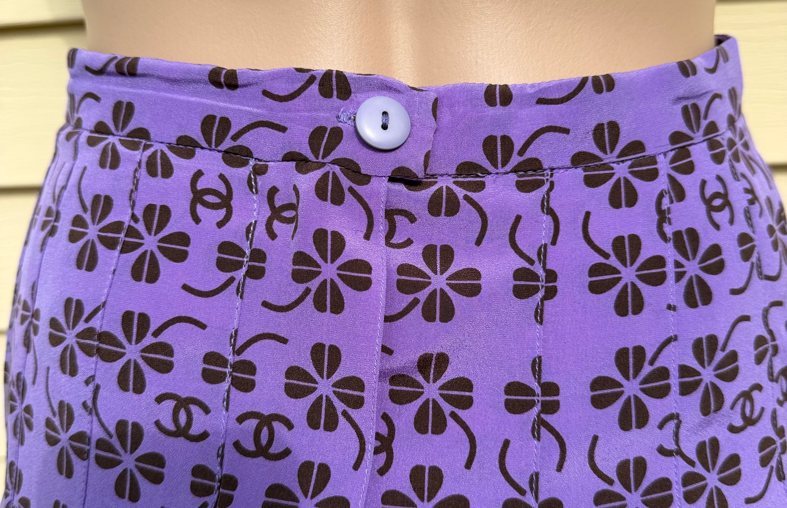 Rare Vintage Chanel 2002 Purple CC Monogram Floral Silk Wool Top & Skirt Set FR36