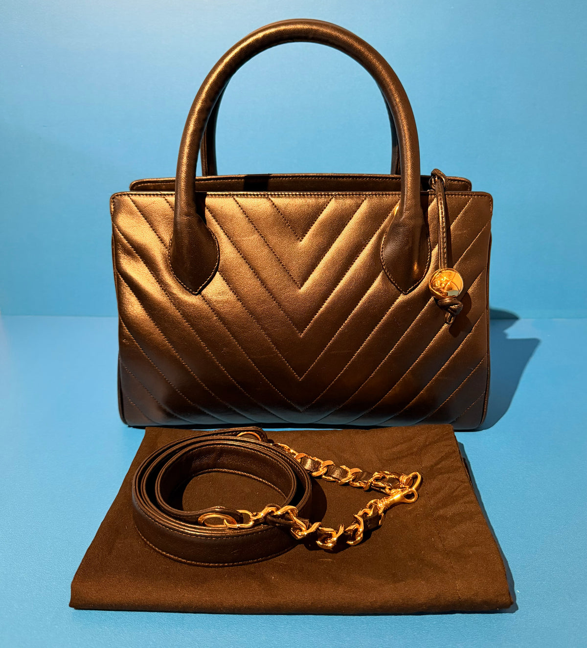 Chanel Medium Chevron V Stitch Black Lambskin Leather Top Handle Bag