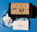 Chanel Caviar Quilted Flap Card Holder Wallet Beige Gold Hardware