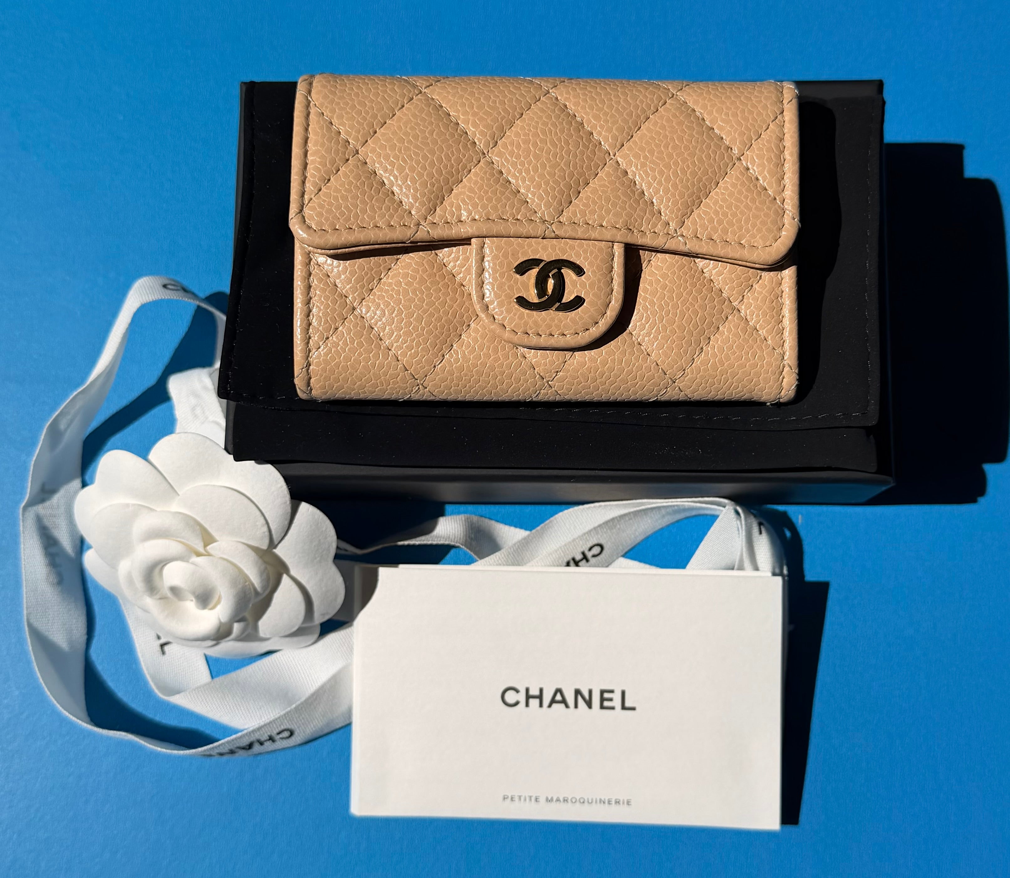 Chanel Caviar Quilted Flap Card Holder Wallet Beige Gold Hardware
