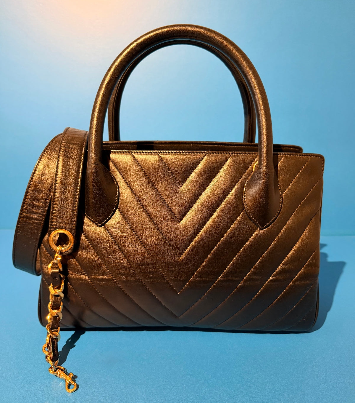 Chanel Medium Chevron V Stitch Black Lambskin Leather Top Handle Bag