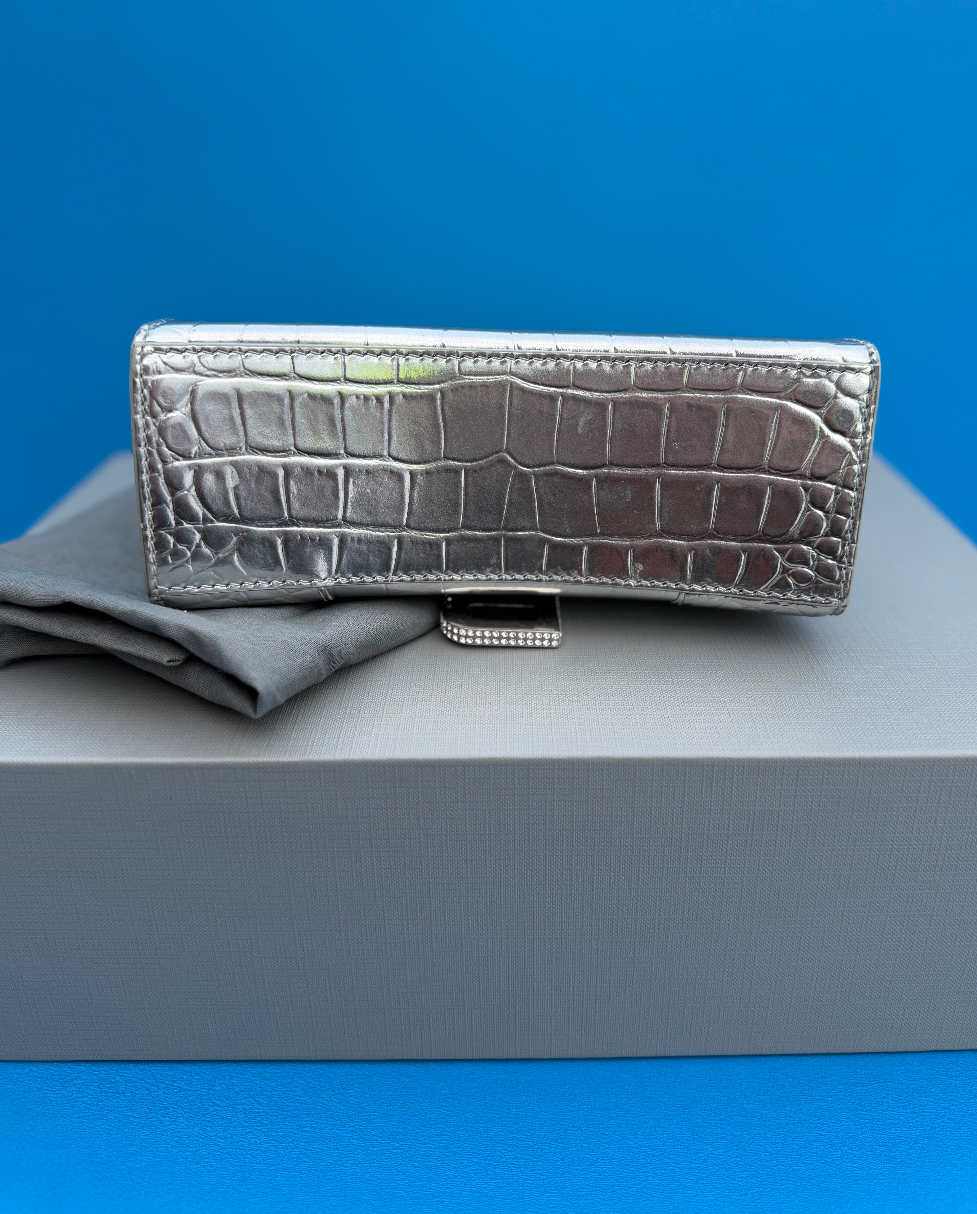 Balenciaga Metallic Crocodile Embossed Hourglass Top Handle Bag XS Silver Women