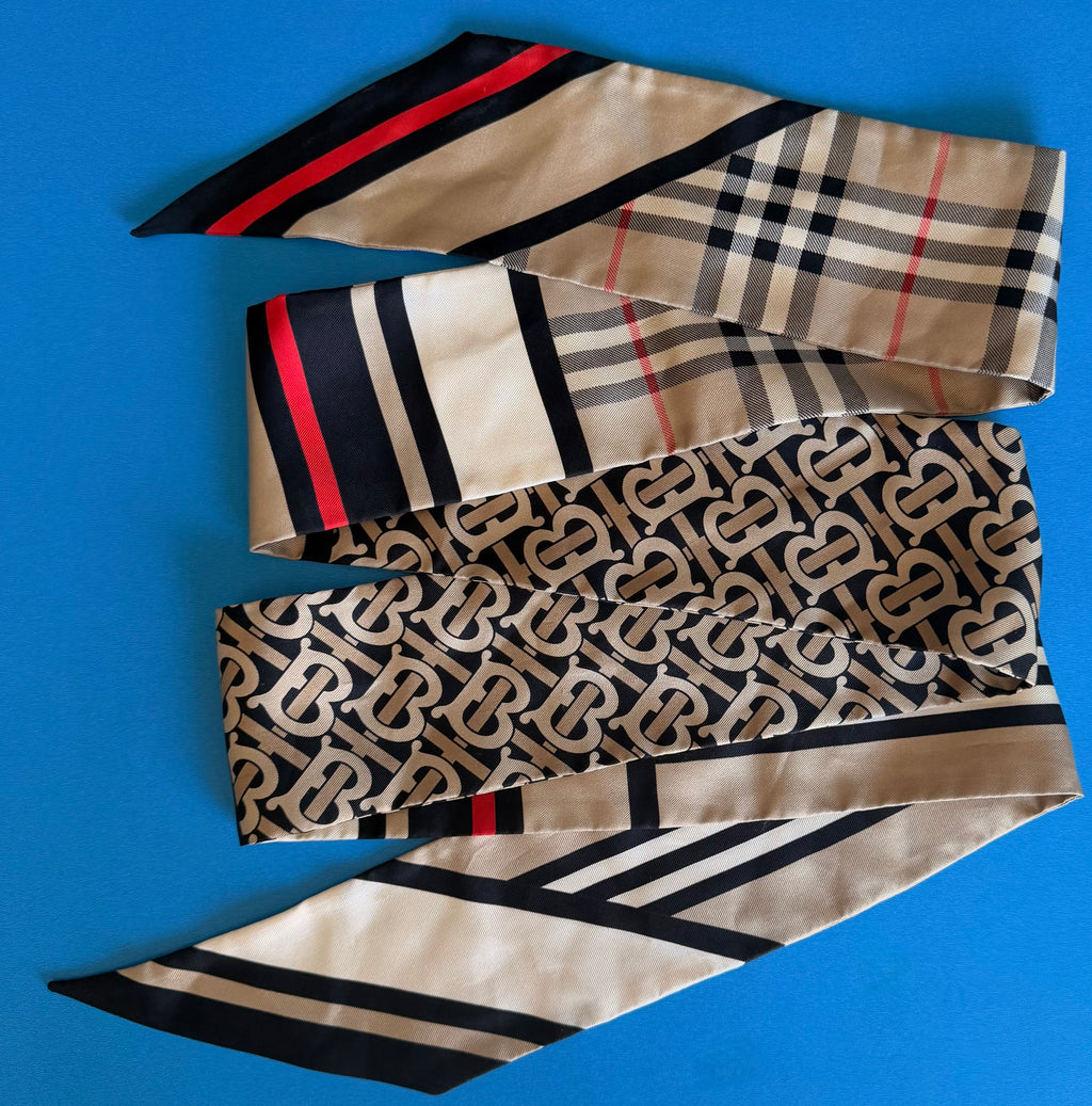 Burberry Silk Skinny Scarf TB Monogram Icon Stripe Vintage Check Twilly Italy